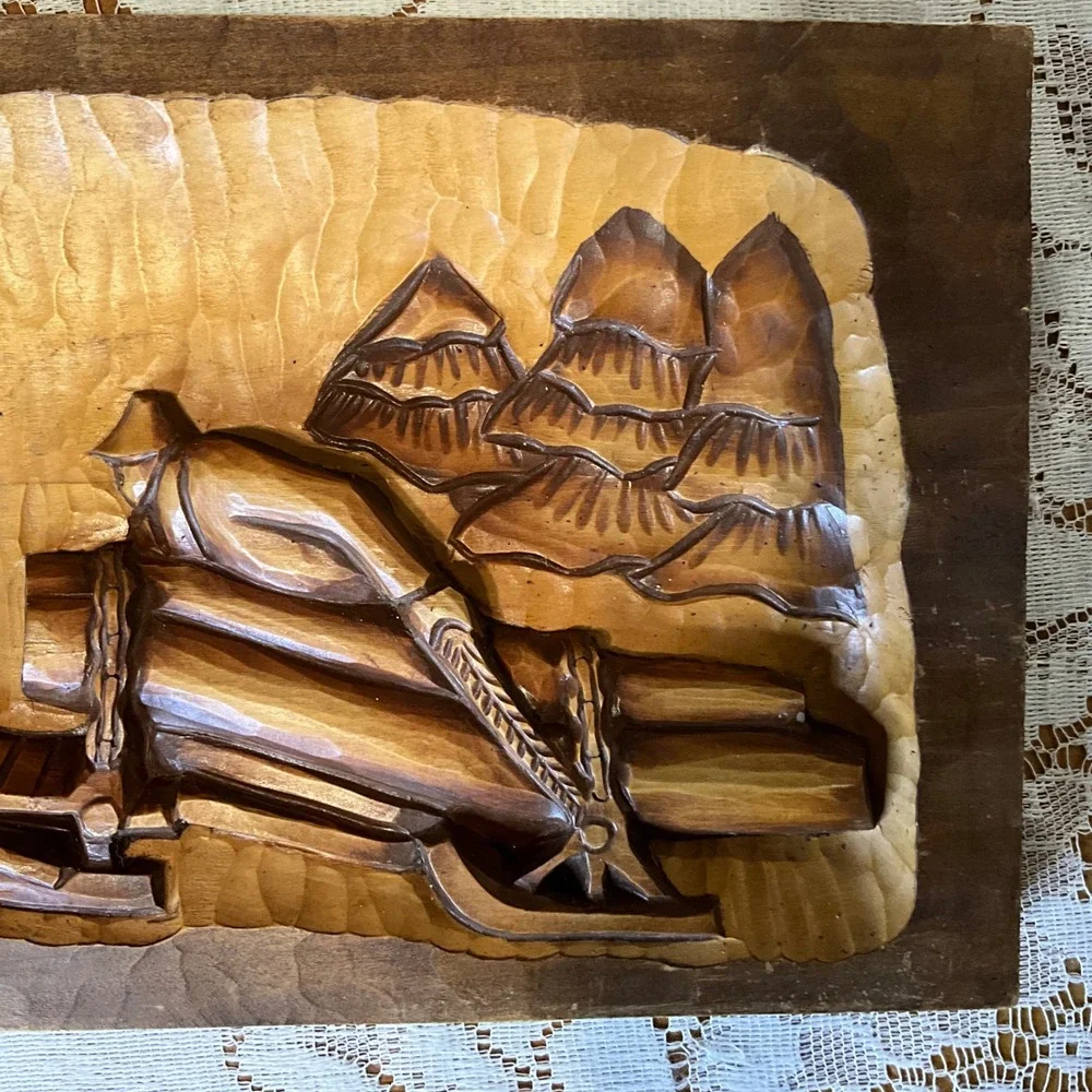 Vintage Hand Carved Wood‎ Relief Plaque Horse Sled Logger Cottagecore Rustic